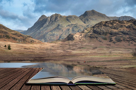 令人惊叹的日出风景图像的布莱塔恩在英国湖区出来的页面在故事书