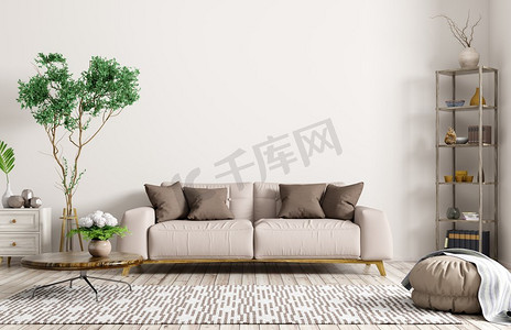 公寓舒适摄影照片_公寓，客厅与米色沙发，咖啡桌，地毯和架子3d渲染的现代内部
