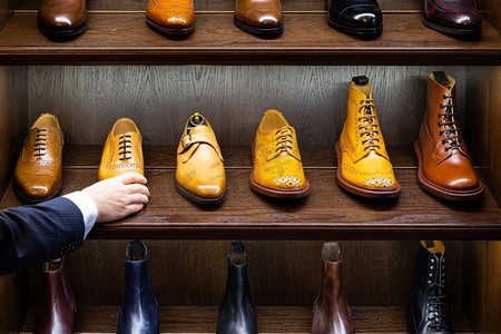 鞋摄影照片_全粒面皮鞋在男鞋精品店的木制展示。黑色、棕色和其他颜色..男士鞋业精品店