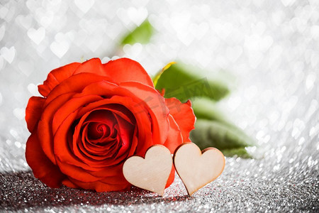 玫瑰和心脏在银色发光bokeh心脏背景情人节。玫瑰和心脏在发光的背景