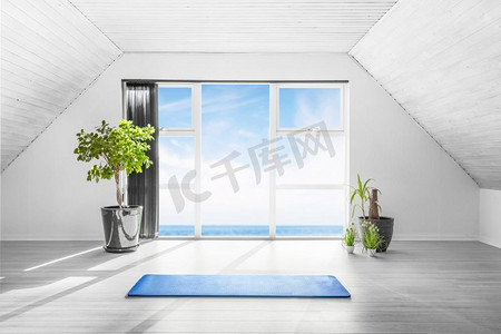 室内瑜伽场景与蓝色垫子在明亮的房间与海景和一对夫妇的绿色植物