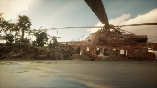 该岛附近陈旧生锈的军用直升机