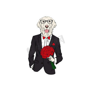 金毛猎犬穿着燕尾服,拟人化的插图,时尚狗.