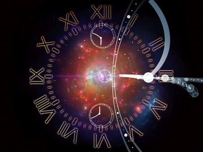 时空。时间系列的面孔科学、教育和现代技术学科时钟刻度盘和抽象元素的组成