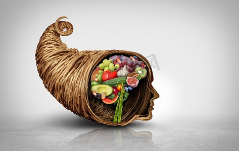 水果和蔬菜健康生活作为一个丰饶角对象形状为一个人的头和大脑在3D插图样式。