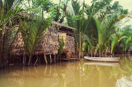 湄公河三角洲摄影照片_在湄公河三角洲，越南的木制小屋和船
