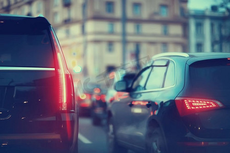 风景车摄影照片_汽车的视图在交通堵塞/风景的后视图从窗口在汽车，道路与汽车，灯和汽车的腿夜视图