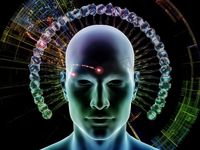 思想的能量系列人类的头部被抽象的分形结构包围，以说明人类思维的运作。