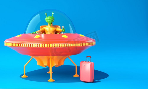 UFO的例证与绿色外星人在蓝色背景。3D插图。插图不明飞行物与绿色外星人在蓝色背景
