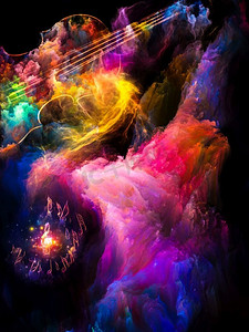 音乐之色系列。音乐符号和彩绘在表演艺术、音乐、声音和创意等主题上的相互作用
