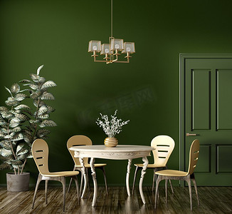 现代餐厅内部，木经典桌子和黄色椅子反对深绿色墙壁与门3d渲染