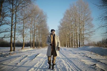 背景雪天摄影照片_穿着大衣/冬装的时尚男士，在冬日风景的映衬下行走，雪天，暖和的衣服