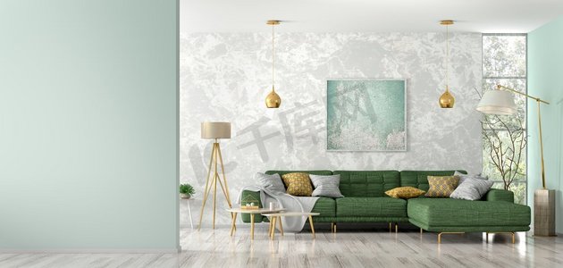 绿色的墙壁摄影照片_客厅的现代内部与绿色角落沙发，咖啡桌，落地灯，墙壁与复制空间3d渲染