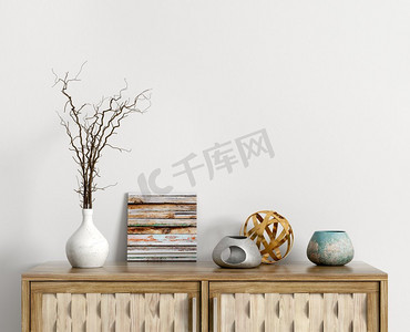 室内装饰，花瓶中有树枝的木架，内部背景3D渲染