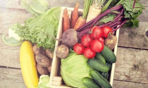 收获，粮食和农业概念—农场蔬菜特写镜头。农场上的蔬菜特写
