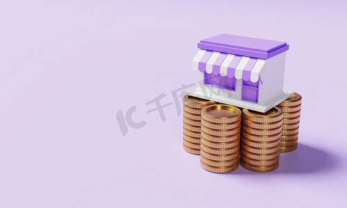 在堆叠金币的超级市场商店在紫色背景。金融和经济概念。3D插图渲染