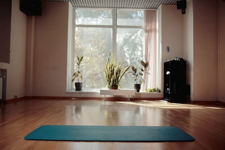 瑜伽毛笔字体摄影照片_带瑜伽垫的健身房
