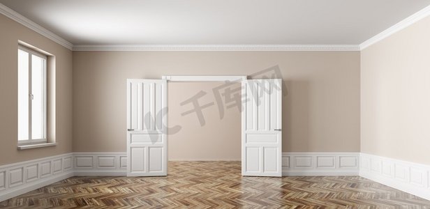窗户渲染摄影照片_经典的空置公寓内部，有两个房间，敞开的门，窗户，米色的墙壁和白色镶板和木质拼花地板3D渲染