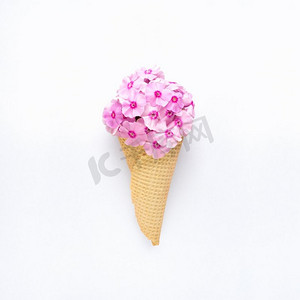 绿意盎然摄影照片_创意概念，静物自然，绿意盎然，鲜花盛开，搭配食物甜蜜的冰淇淋华夫饼，白色底色。