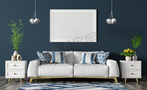 客厅的现代内部与白色沙发，箱子，海报和灯在蓝色墙壁3d渲染