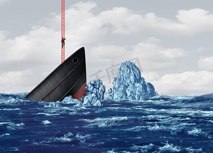 企业退出和离开或放弃沉船的战略，作为企业摆脱危机的一种隐喻，带有3D插图元素。