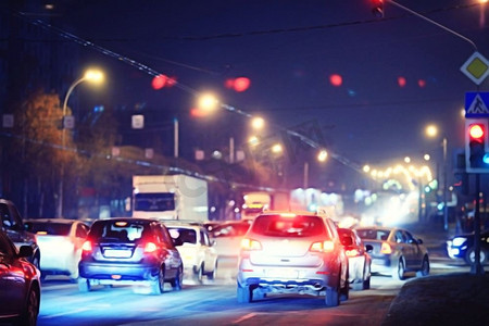 血橙果酱摄影照片_夜间道路在城市的灯汽车交通堵塞