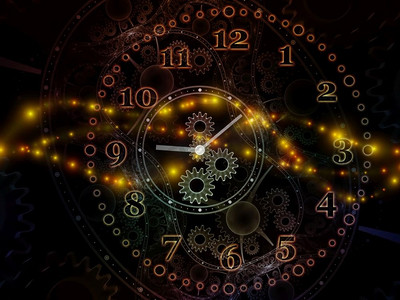 时空。时间系列的面孔为科学、教育和现代技术学科创造性地安排时钟刻度盘和抽象元素