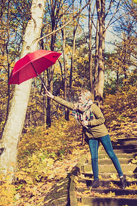 强风吹拂摄影照片_秋天的天气概念妇女走在公园拿着红伞与强风战斗。妇女走在公园与伞，强风