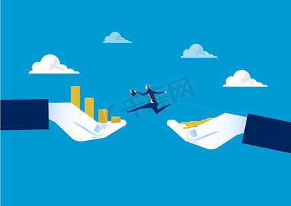 商人跳过手头硬币增长之间的鸿沟.风景矢量图卡通动漫人物
