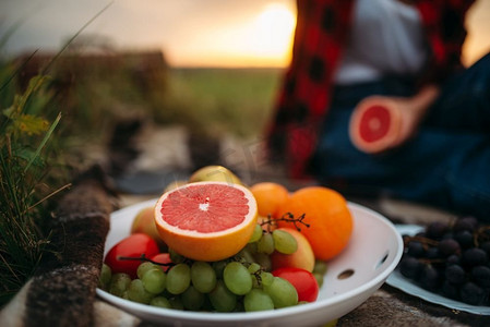 有水果的女性人坐在格子花呢，野餐在夏天领域。浪漫之旅，节日快乐