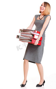 妇女过度劳累的女商人拿着大量的文件孤立的白色红色文件夹