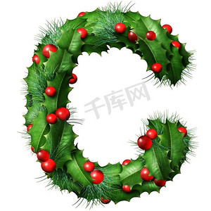 节日字体字母 c 作为节日冬季装饰花环作为圣诞节或新年季节性字母表