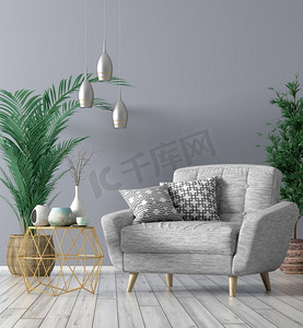 客厅内饰金色茶几，灰色扶手椅，家居设计3D渲染