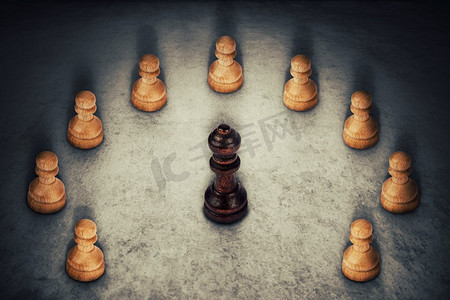 黑皇后棋子被白卒包围，加入他们的力量。企业集团领导力和团队合作的象征。