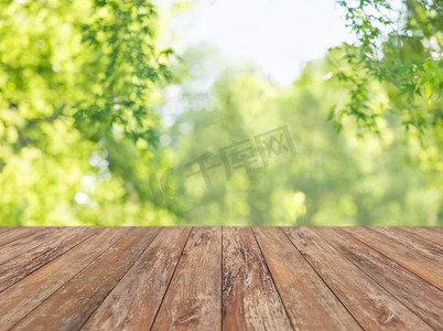产品展示摄影照片_产品展示概念—空的木桌与模糊的绿色夏季公园背景。木桌与模糊的夏季公园背景