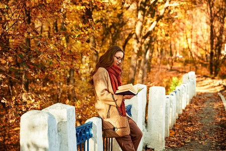 美丽的年轻女子读书在秋天森林公园站在用叶子覆盖的桥上。年轻女子与书秋天公园