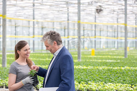 植物学家摄影照片_微笑的女植物学家看着站在温室里的成熟商人