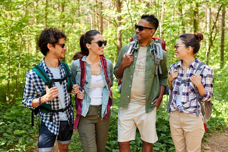 旅行，旅游，徒步旅行和人的概念—一群朋友与背包谈话在森林。背包的朋友在森林里徒步交谈