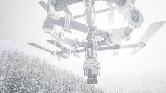 外星不明飞行物在山上有松树和雪。地球上的外星人UFO
