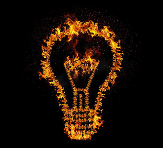 火焰灯泡孤立在黑色背景。出现的想法，尤里卡创意概念。