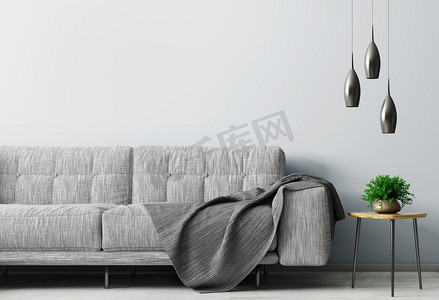 黑色摄影照片_客厅的现代内部与灰色沙发，木咖啡桌在蓝色墙壁与复制空间3d渲染