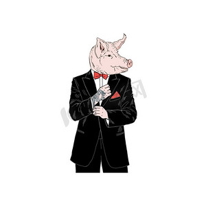 拟人动物摄影照片_猪人穿着燕尾服，拟人化动物插图。动物装扮在，拟人化动物插图