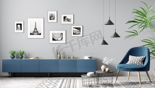 客厅的现代内部与蓝色餐具柜和扶手椅家设计3d渲染