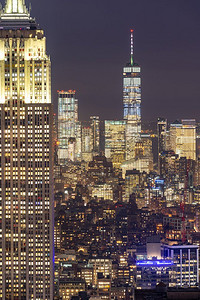 纽约摩天大楼地平线建筑城市景观在日落在纽约市纽约美国。