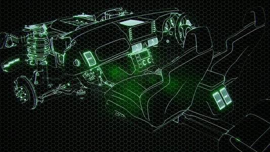 汽车线框摄影照片_3D线框汽车模型的全息动画与引擎和水獭技术部件。带发动机的3D线框汽车模型的全息动画