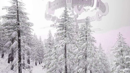 外星人摄影照片_外星不明飞行物在山上有松树和雪。地球上的外星人UFO
