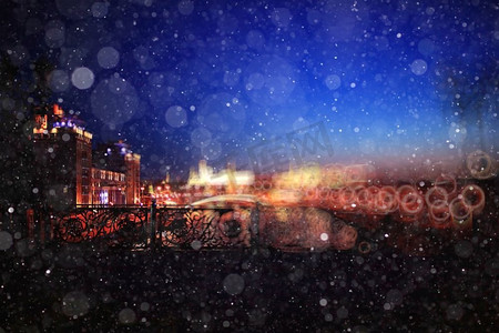 背景模糊城市晚上的雪