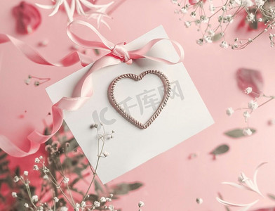 可爱的白色问候卡与心脏在粉红色背景与花瓣，丝带和叶子。