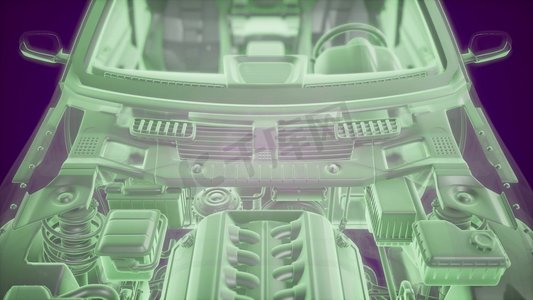 3D线框汽车模型的全息动画与引擎和水獭技术部件。带发动机的3D线框汽车模型的全息动画