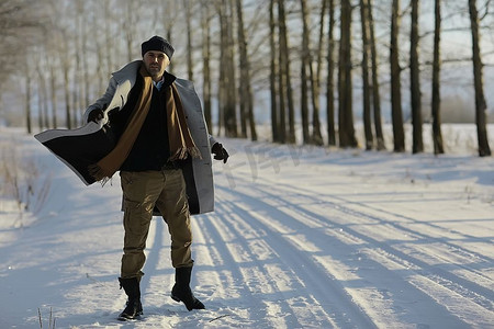 穿着大衣/冬装的时尚男士，在冬日风景的映衬下行走，雪天，暖和的衣服